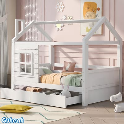 Gutent Kinderbed - 90*200cm - met relingen - Jongens en meisjes - Massief hout - Met raam - Wit - Zonder matras