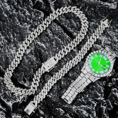 Kleur Cuban Chain Horloge Pak voor Mannen Hip Hop Miami Curb Iced Out Belegd met Strass Steentjes Bling Rapper Ketting Horloge+Armband 8inch and 20inch gray