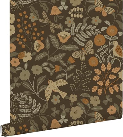 ESTAhome behang bloemen en vogels vergrijsd groen, bruin en okergeel - 50 x 900 cm - 131466