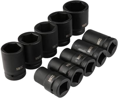 Complete Set van 10 Diepe Impact Caps van 1 inch, Metrische Steeksleutelset voor Professioneel Gebruik, Geschikt voor 22 tot 50 mm
