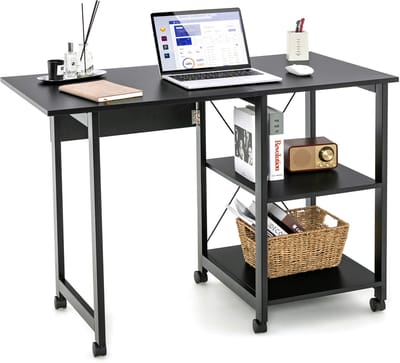 COSTWAY Inklapbare computertafel, modern bureau met 2-traps opbergvakken en 6 wielen, pc-tafel, laptoptafel, werktafel voor thuis, thuiskantoor (zwart)