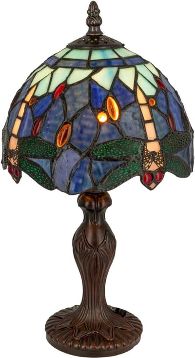 Tiffany tafellamp libelle – blauw-groen – Ø 20 cm - glas in lood | RORUVERA