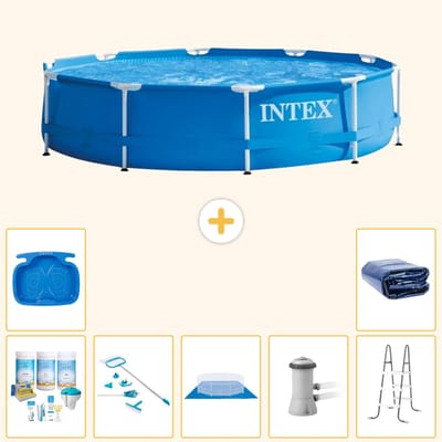 Intex Rond Frame Zwembad - 366 x 76 cm - Blauw - Inclusief Onderhoudspakket - Schoonmaakset - Grondzeil - Zwembadfilterpomp - Voetenbad - Ladder - Solarzeil - 8-delig