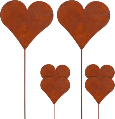Tuinstekers Hartjes - Roestdecoratie - Tuindecoratie - Unieke Roestafwerking - 35 cm Hoog - Roestkleurig