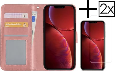 Hoesje - Met 2x Screenprotector - Geschikt voor Apple iPhone 14 Pro - Luxe Pasjeshouder - Bookcase Portemonee - Flip Case - Kunstleer Book Case - Flipcase Hoes - Book Cover - Walletcase - Portemonneehoes - Rosé goud