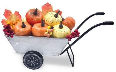 Famanu - Herfstdecoratie met metalen mini-bolderkar, pompoenen en bladeren, vintage boerderijstijl