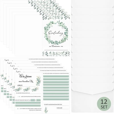Dailygoods- Uitnodigingskaarten Eucalyptus - Vouwkaarten met Envelop - Set van 12 - Uitnodigingen Communie - In te Vullen - Praktisch Ontwerp - Communiekaarten