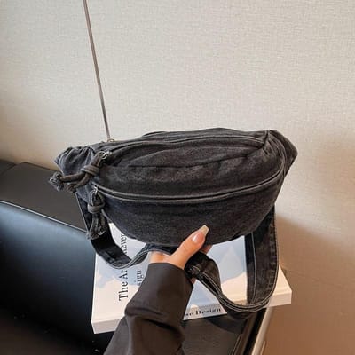 Nieuwe Denim Schouder Borsttas voor Dames Sportief Casual Eenvoudig Modieus Taille Tassen Mobiele Telefoon Crossbody Tas voor Mannen zwart