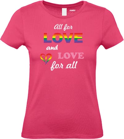 Dames T-shirt Love For All | Gay pride shirt kleding | Regenboog kleuren | LGBTQ | Roze dames | maat XS