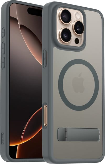 Coverzs Matte Magnetische Case met Standaard (Grijs) Geschikt voor iPhone 15 Pro Max – Slanke en Duurzame Beschermhoes met Premium Afwerking