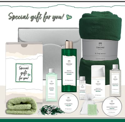 Geschenkset “Special gift for you!” - 10 producten - 900 gram | Triomf Original - Giftset voor haar - Cadeau Speciaal voor jou - Luxe wellness Cadeaupakket Vrouw- Geschenk Pakket Douchegel Dennen- Gift Set Verjaardag Valentijn Kerst Kerstpakket Groen