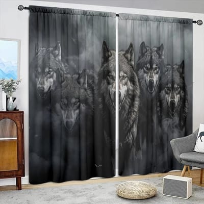 2 stuks Gordijn met print in wolvenstijl voor huisdecoratie - Tunnel voor roede Raambekleding voor Slaapkamer, Kantoor, Keuken, Woonkamer en Studiekamer 52.5cmX116cmX2pcs gray