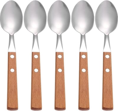 5-stuks Lepels - Tafellepels - Keukengerei - Dinerlepels - Met Houten Handgreep - Ergonomisch - Multifunctioneel - RVS - Hout - 19.2×3.8×1 cm - Geschikt voor restaurants, huizen, dineren, soep drinken en dagelijks gebruik. - Zilver