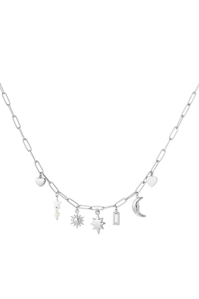 Bedelketting - Stainless Steel - Strass - Parel - 42+5 cm - Zilverkleurig