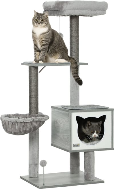 PawHut-kattenboom-48x40x126cm-korte pluche-lichtgrijs