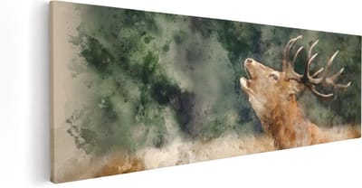 Artaza Canvas Schilderij Hertenkop Met Gewei - 60x20 cm - Wanddecoratie Woonkamer - Muurdecoratie Hert - Kamer Accessoires