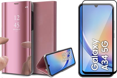 Hoesje geschikt voor Samsung Galaxy A34 - Screen Protector FullGuard - Book Case Spiegel Roségoud & Screenprotector