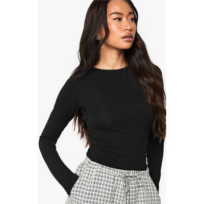 Dames Boohoo Basics Longline Top met Lange Mouwen en Ronde Hals | Zwart | Maat: 34