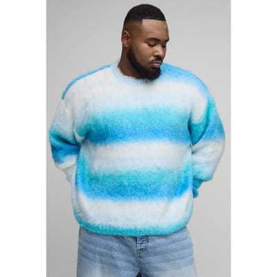 Plus Boxy Oversized Geborstelde Streep Gebreide Trui | Blue | Size 2XL