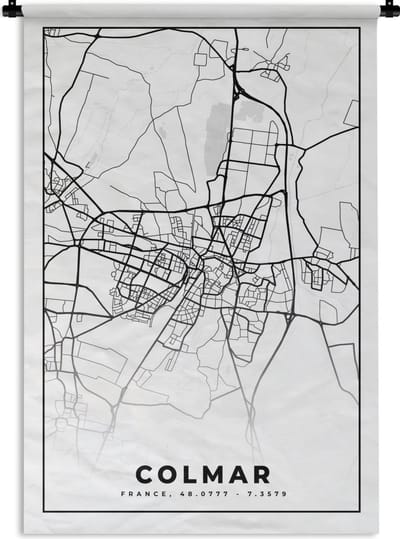 Wandkleed - Wanddoek - Colmar - Stadskaart - Frankrijk - Kaart - Plattegrond - Zwart wit - 120x180 cm - Wandtapijt