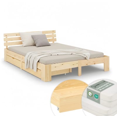 Homestyle4u Tweepersoonsbed - 160x200 cm - Bed met 2 Bedbakken en Matrassen - Natuur