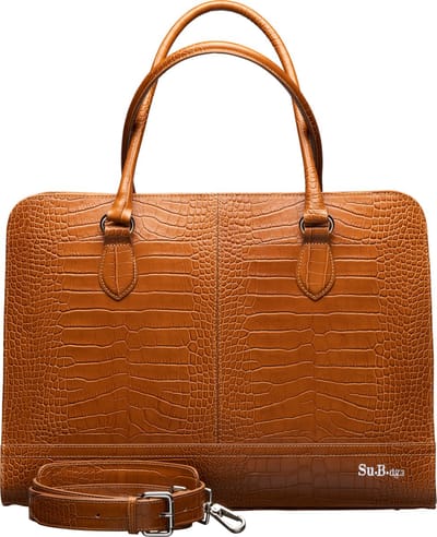 Su.B Laptoptas 14 inch - Handtassen Dames- Kroco Print Leer - Schoudertas met Laptopvak - Bruin