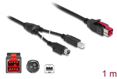 Delock PoweredUSB cable male 24 V > USB Type-B male + Hosiden Mini-DIN 3 pin male 1 m for POS printers and terminals