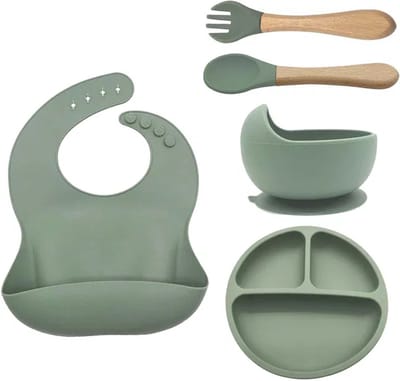 Vardaan Kinderservies - Kinderbord en kom met zuignap - 5 Delig Babyslabbetje met Opvangschaal Babybord en Kommen Set Peuterbordjes Vork Lepel BPA-vrij - olijf groen