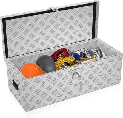 38L Aluminium Werkzeugkist - Alubox Aluminiumkist Transportkist Deichselkist Voor Pkw Aanhanger Met Vergrendelsysteem Veiligheidsgrepen 2 Sleutels Stotenbestendig Waterdicht, Zilver 80 * 22 * 22,5 CM
