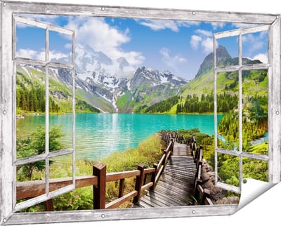 Gards Tuinposter Doorkijk Pad naar een Helder Blauw Meer in de Bergen - 150x100 cm - Tuindoek - Tuindecoratie - Wanddecoratie buiten - Tuinschilderij