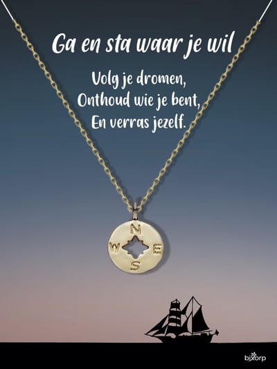 Bixorp Luck Kompas Cadeau Ketting - 18k Verguld Goud Stainless Steel - Cadeau voor succes / geluk / afscheid
