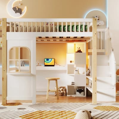 Sweiko Hoogslaper - 140x200cm - LED-verlichting - Opbergkast - Bureau - Oplaadpunten - Wit + Natuurlijke