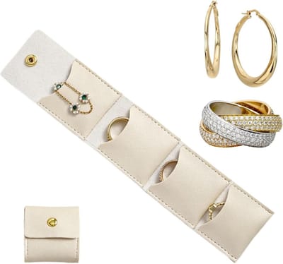 Mini Sieraden Rol Tas - Sieraden Organiser - Sieraden Opbergen - Veel Compartimenten - 8x3x3 cm - Beige