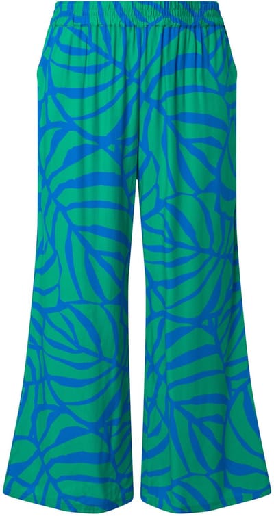 Ulla Popken - Dames - Broek bladeren wijde rechte pijpen elastische tailleband - Natuurgroen - Maat 46+