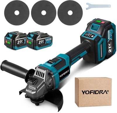 YOFIDRA Draadloze Haakse Slijper – 6 Versnellingen, 125mm, Digitale Display, 2 Accu's & Accessoireset – Geschikt voor het snijden van metaal, slijpen, roest verwijderen en het bewerken van steen.