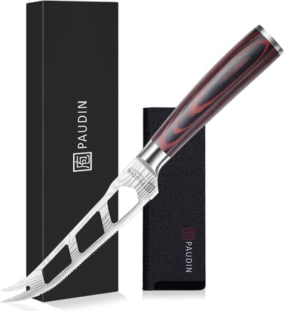 Paudin N29 - Kaasmes - 12,5 cm Lemmet - Dubbelpuntig Tomatenmes - Professioneel Keukenmes - Damascus Patroon - Inclusief Knifeguard