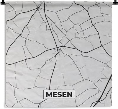 Wandkleed - Wanddoek - België – Mesen – Stadskaart – Kaart – Zwart Wit – Plattegrond - 180x180 cm - Wandtapijt