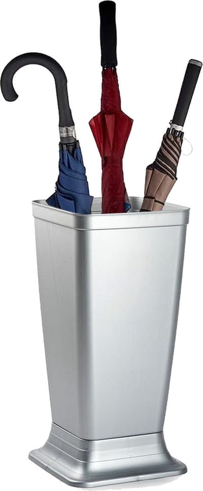 Plasticforte Paraplubak/parapluhouder Plain - zilvergrijs - glad kunststof - D26 x H52 cm - op verhoogde voet - uitlekbak