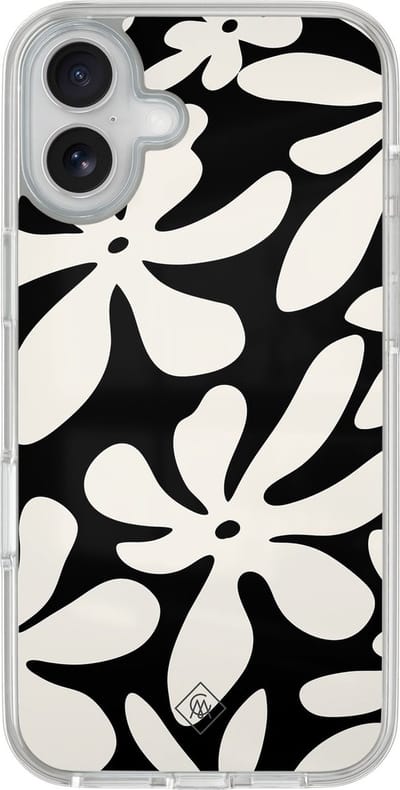 Casimoda® hoesje - Geschikt voor iPhone 16 - Noir Bloom - 2-in-1 case - Schokbestendig - Bloemen - Verhoogde randen - Zwart, Transparant