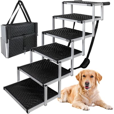 Dailygoods- Hondentrap 6 Treden - Inklapbaar - Antislip - Instaphulp - Hondenloopplank voor Auto - Belastbaarheid 70 kg - Hondenladder