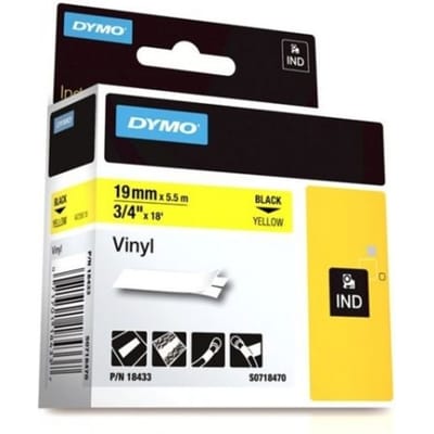 Labeltape dymo rhino industrieel vinyl 19mm zwart Op geel