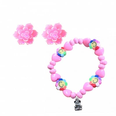 Enkelbandje 15 cm met clip oorbellen licht roze beertje