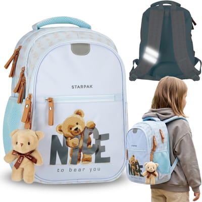 Beertje, schoolrugzak met versteviging, schooltas voor meisjes, met reflecterende elementen, vier vakken, sleutelhanger, 24l