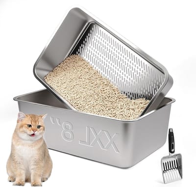 Grote RVS Kattenbak XXL 60 x 30 x 20 cm - Semi-Gesloten Met Zeef en Schep voor Eenvoudige Reiniging en Comfort voor Grote Katten