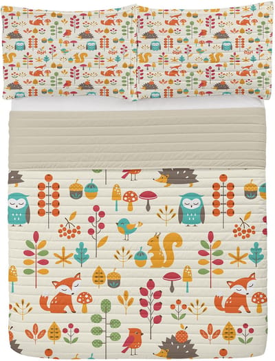 ABAKUHAUS Kids Microfiber Bedspreiset, Uil, Vos Eekhoornvogels, Zacht Beddengoed Set met kussenslopen en quilt, 220 cm x 220 cm, Ginger Beige