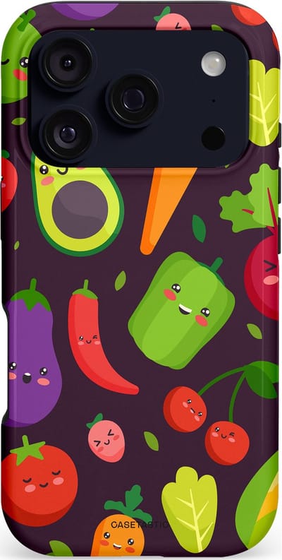 Casetastic hoesje geschikt voor Apple iPhone 17 Pro - MagSafe - Dubbellaagse bescherming - Vrolijke Groentevrienden - Fashion Case - Zwart Groen Rood Geel