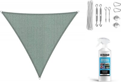 Compleet pakket: Shadow Comfort driehoek 3x3,5x4m Country blue met RVS Bevestigingsset en buitendoekreiniger