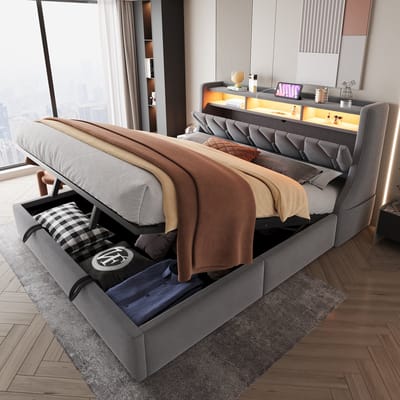 Sweiko Gestoffeerd bed - 180 x 200 cm - Opbergruimte - Met oplaadpunten - LED-verlichting - Velvet - Grijs