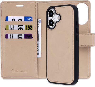 Casemania Hoesje Geschikt voor Apple iPhone 17 - Soft Beige - 2 in 1 Afneembare Bookcase van Lederlook met Fijne Nerf - Geschikt voor MagSafe - Portemonnee Telefoonhoesje met Pasjeshouder en Standaardfunctie