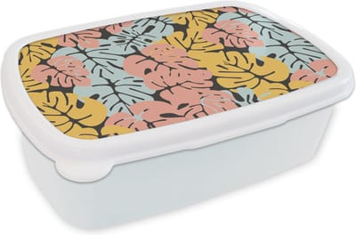 Broodtrommel Wit - Lunchbox - Brooddoos - Monstera - Hawaii - Design - Pastel - 18x12x6 cm - Volwassenen
